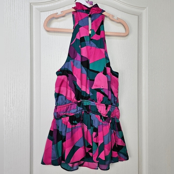 Women's Nine West Sleeveless Pleated Peplum Halter Top Pink Abstract XS - Picture 3 of 11